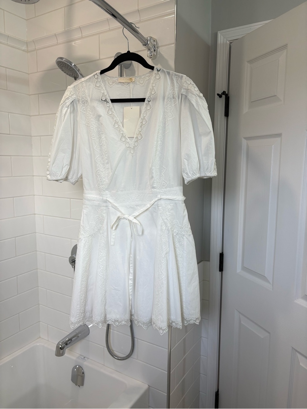 Ulla Johnson White Eyelet Lace V-Neck Tie-Waist Mini Dress